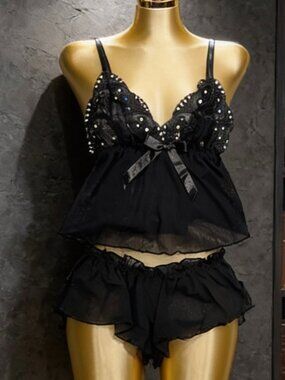 Sexy Black Sheer Mesh Babydoll & Ruffle Shorts Lingerie Set - Size S / XS